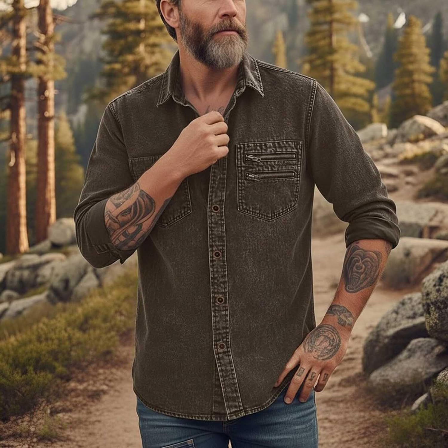 Cambkatl Men's Distressed Cargo Shirts with Chect Pockets - Stretch Loose Long Sleeve Vinatge Lapel Hiking Shirts