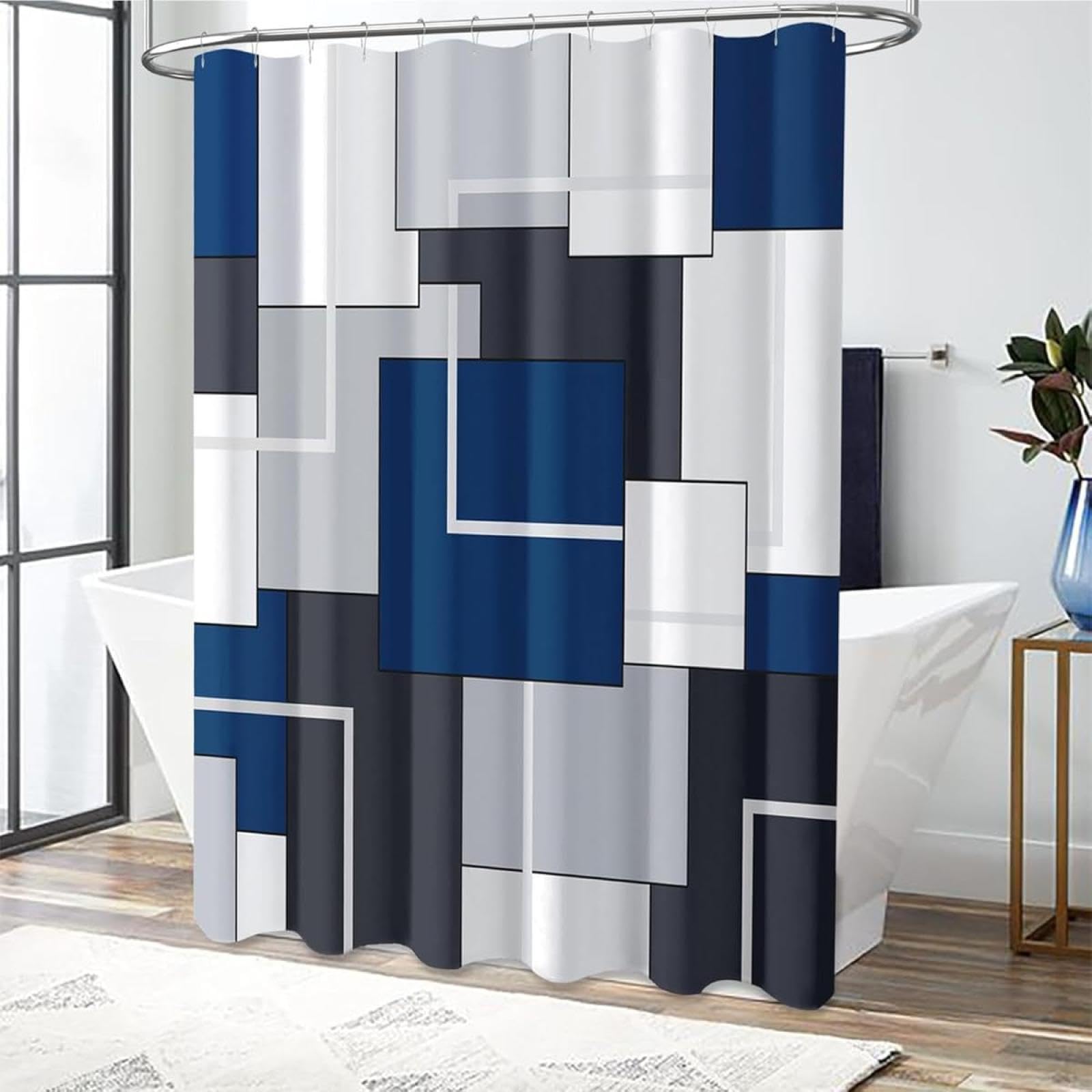 Tenda da doccia moderna blu navy geometrica set 137 x 213 cm tenda da bagno in poliestere per elegante decorazione bagno tessuto impermeabile facile da pulire Trendy Home Essentials