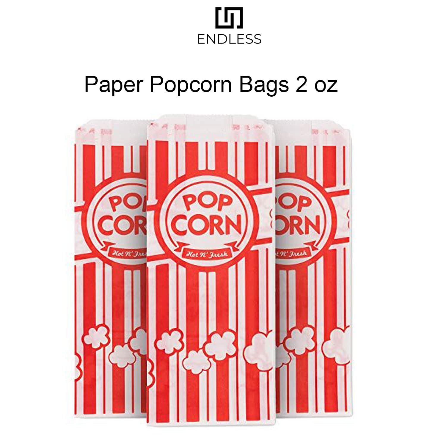 Amazon.com: Endless Paper Popcorn Bags 1 oz. (Pack of 100), Red & White  popcorn bags - popcorn paper bags, pop corn bag, Carnivals, Snack Bars,  Birthday Parties, Home and Movie Nights -