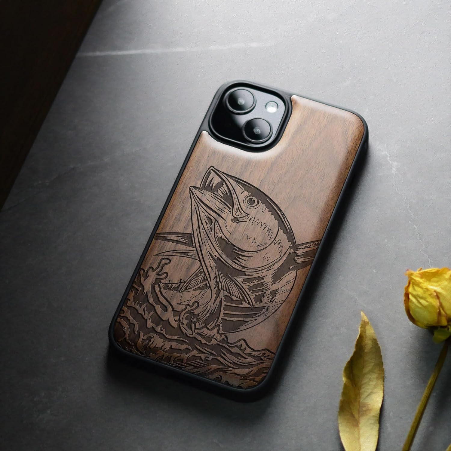Carveit Magnetic Wood Case for iPhone 13 Case [Natural Wood & Black Soft TPU] Unique Wooden Shockproof Protective Cover Compatible with magsafe (The Tuna's Soar -Walnut)