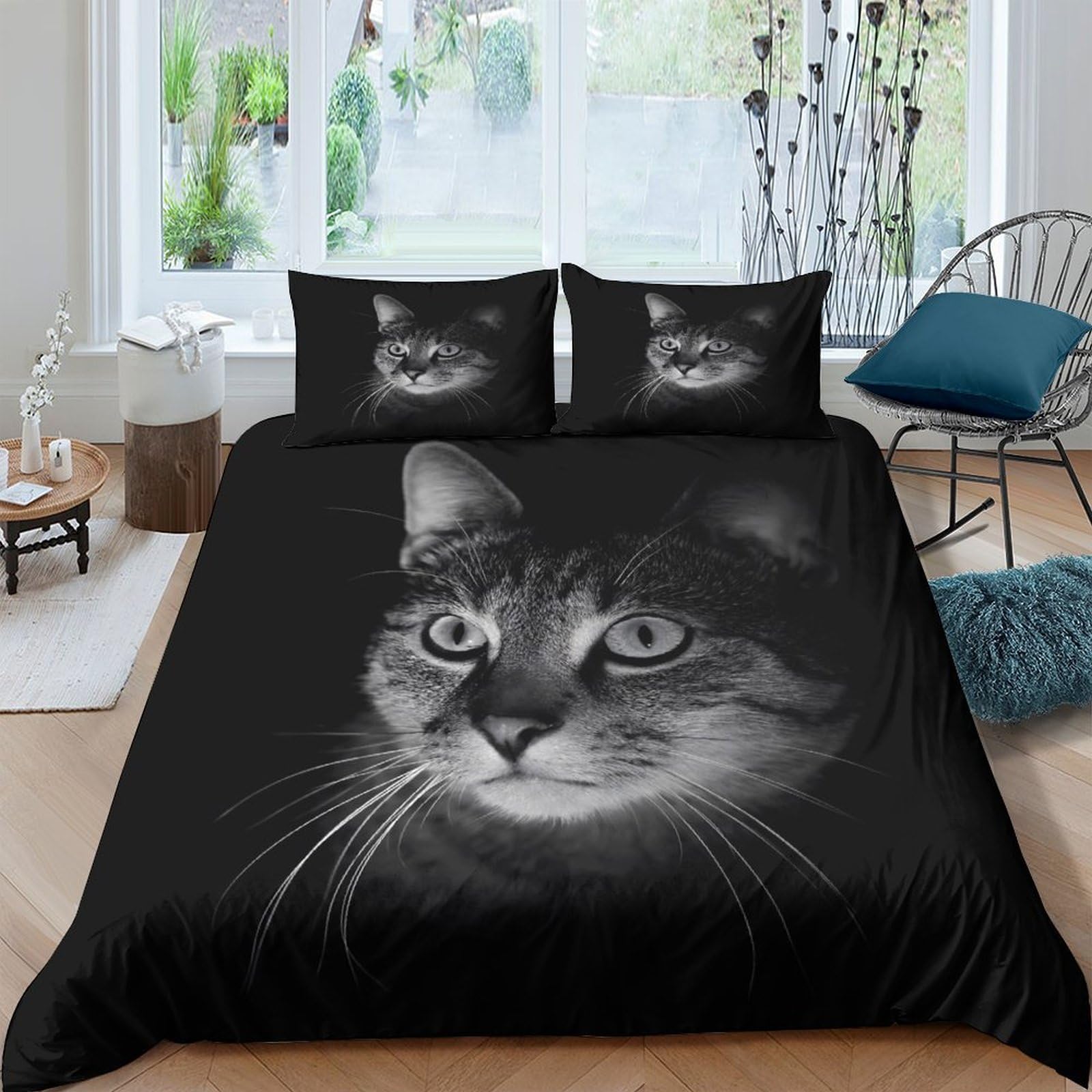 Ctjqhvkz Style-4 3D Printed Black Cat Fitted Sheet Microfiber Soft Breathable Tabby Face Bed Cover For Bedroom Guest Room Mattress Protection Single（135X200cm）