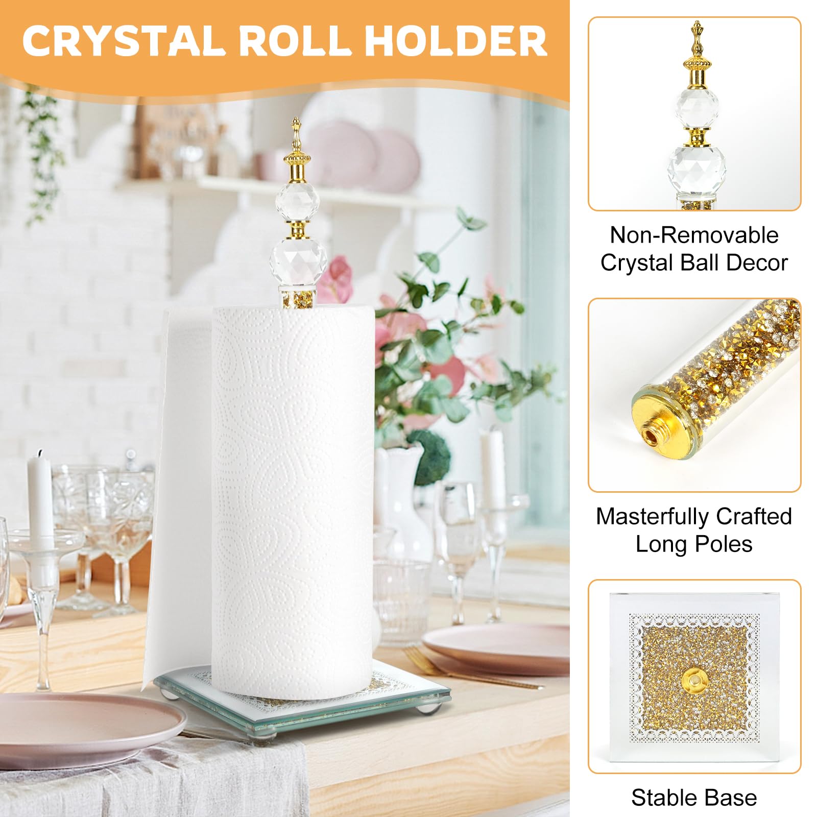 Support de papier essuie-tout, distributeur de rouleaux de papier essuie-tout avec base cube, comptoir de mouchoirs rempli de cristaux étincelants écrasés pour décoration de maison pour cuisine et