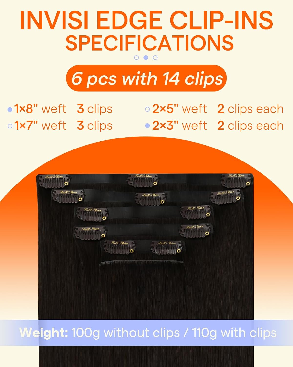 Full Shine Invisi Edge Seamless Clip in Hair Extensions Human Hair, Jet Black Injected Seamless Hair Extensions Clip in, Black Invisible Soft Weft Remy Hair 16 Inch 120g 6Pcs