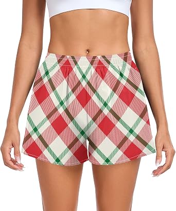Cream Merry Christmas Plaid Red Womens Athletic Shorts with Pockets Biker Shorts for Fitness Travel Lounge Swimming