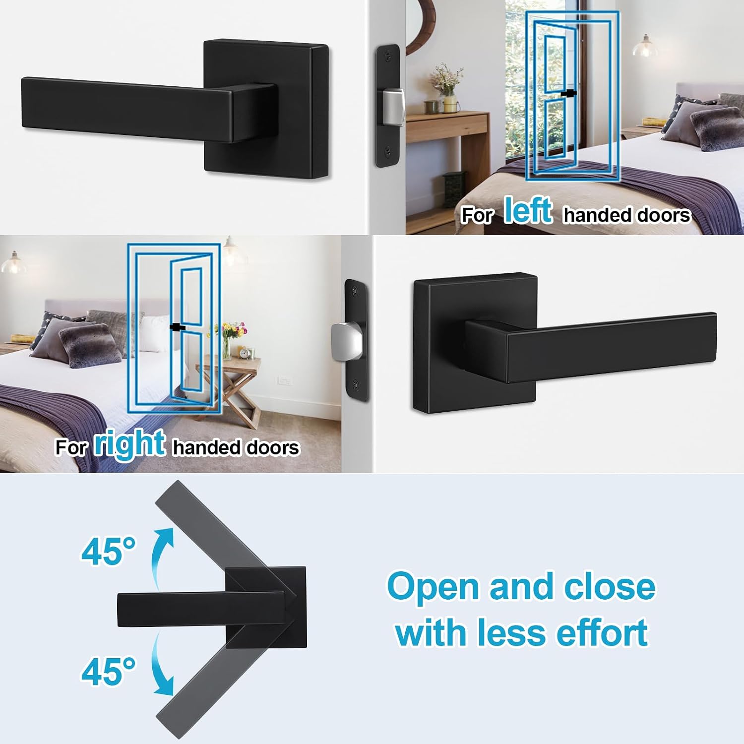 Condition photo showing New/Like New for estmoon 2 pack passage door levers, matte black door knobs interior square door handles, heavy duty non-locking leversets hall closet handles, reversible for right & left sided doors passage 2