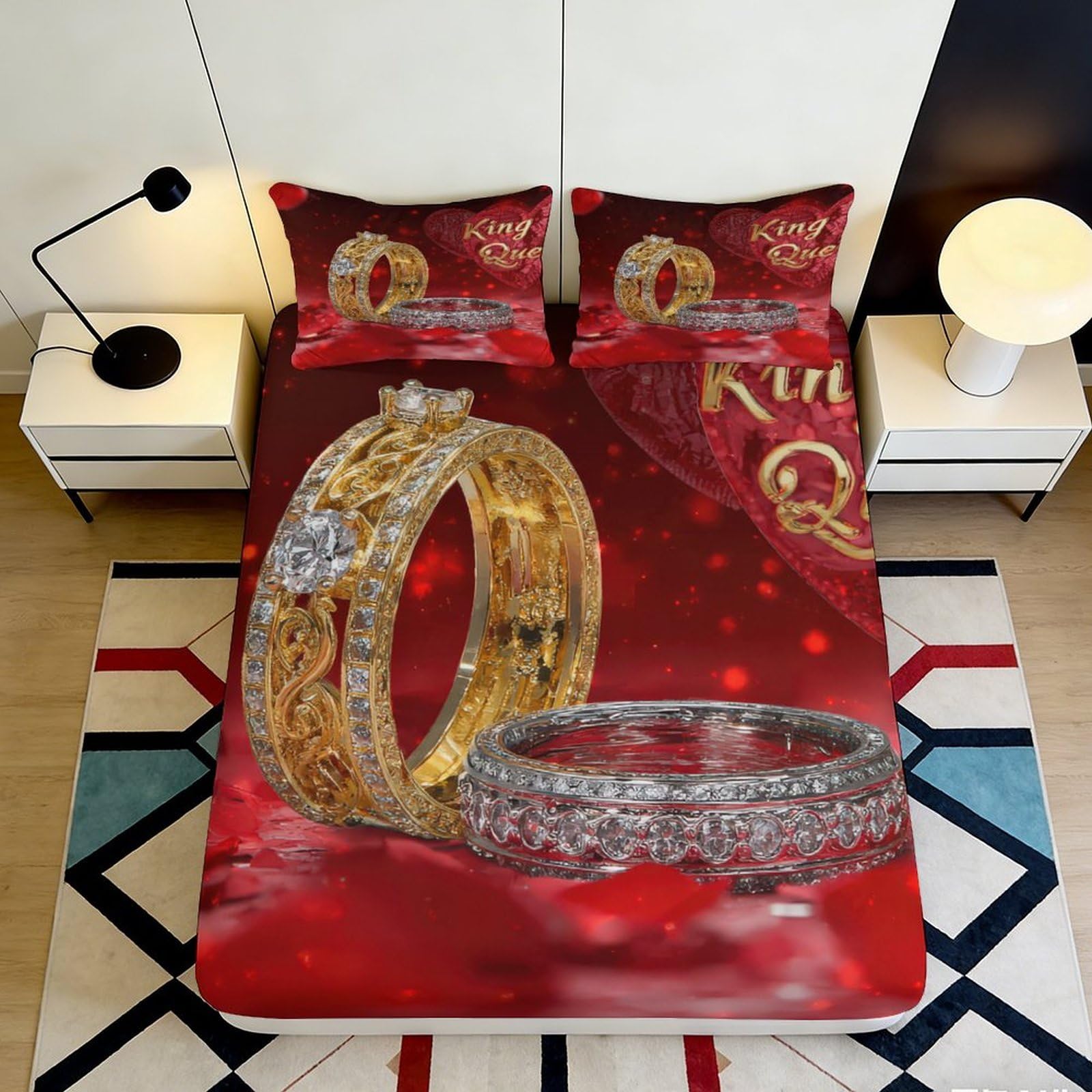 3D Printed Gold Crown Ring Fitted Sheet Microfiber Red Love Queen Bed Cover for Bedroom Guest Room Decor 90x200x25cm