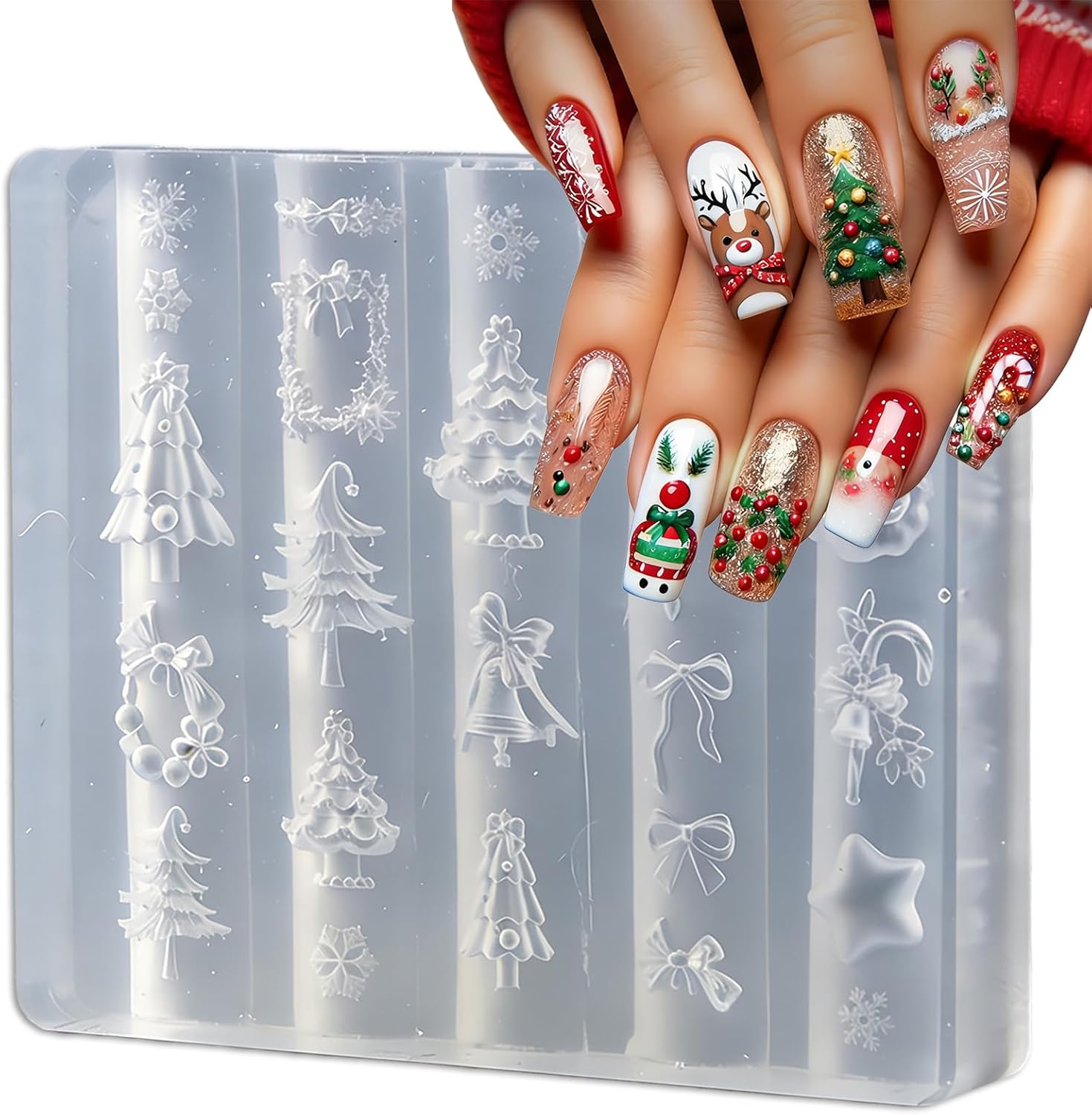 Christmas 3D Nail Mold Silicone Nail Tools, Cute Nail Charm Molds Design Carving Template Nail Art Mold Manicure Xmas Tree Santa Stars Bow Winter Nail Accessories for Women DIY Nail Supplies