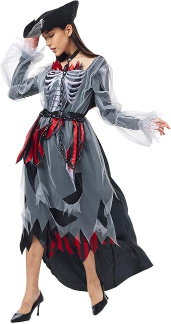 Ghost Pirate Costume Women Skeleton Dead Outfit Zombie Sea Captain Robber Dress Hat Chain Halloween Cosplay