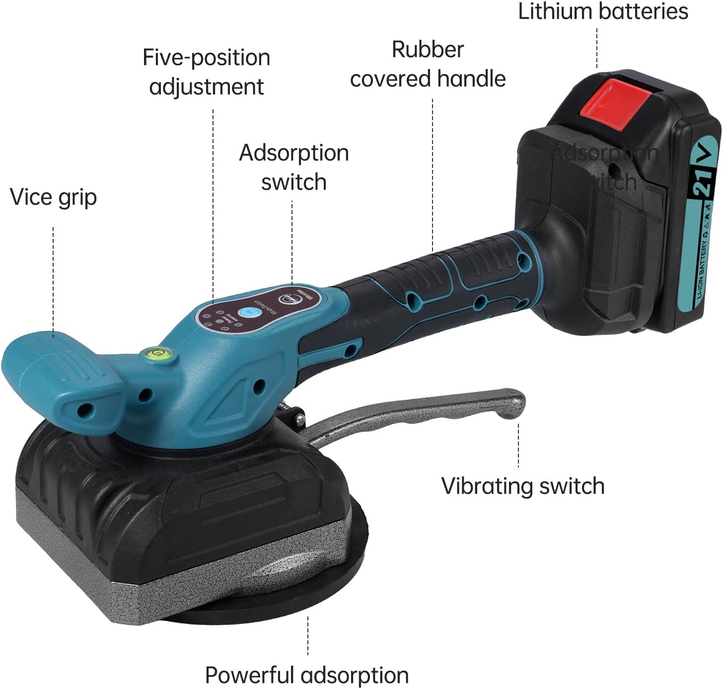 Tile Vibration Levelling Machine 21V Max Battery Tiling Tool with 5 Adjustable Speed High Loading Capacity Wall Floor Tiles Laying Vibrating Tool Enlarged Suction Cup with Bubble Leveler Home