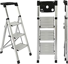 UZIRO Folding Ladder 3 Treads, Lightweight Aluminium Folding Ladders, Tool Holder, Wide Non-Slip Steps, Work Scade, Compact, Easy to Use (3 Pieces)