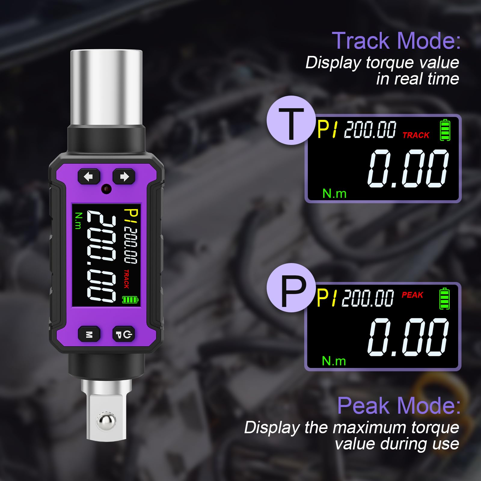 ANPUDS Adaptateur Dynamométrique Numérique 1/2'' 4-200 Nm, Clé Dynamométrique Électronique Ultra-Fine pour Espaces Confinés, Précision ±2%, LED, Alerte Sonore pour Auto, Moto, Vélo