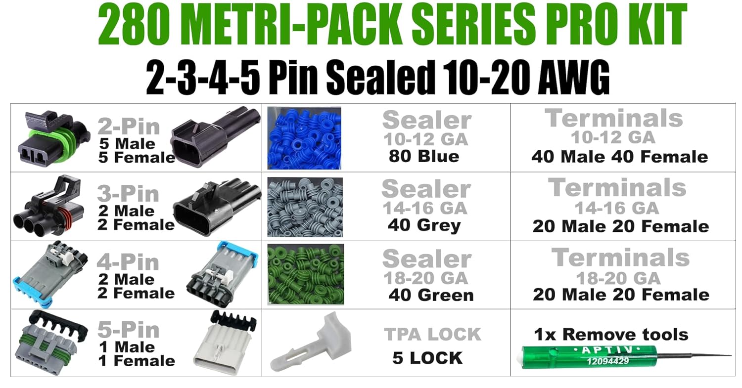 366pcs (2,3,4,5 PIN) Metri-Pack 280 Series 30 Amp Conductor Connector, Terminal, Sealed Weatherproof Automotive Electrical Connectors Kit 10-20 GA (w/Removal Tool)