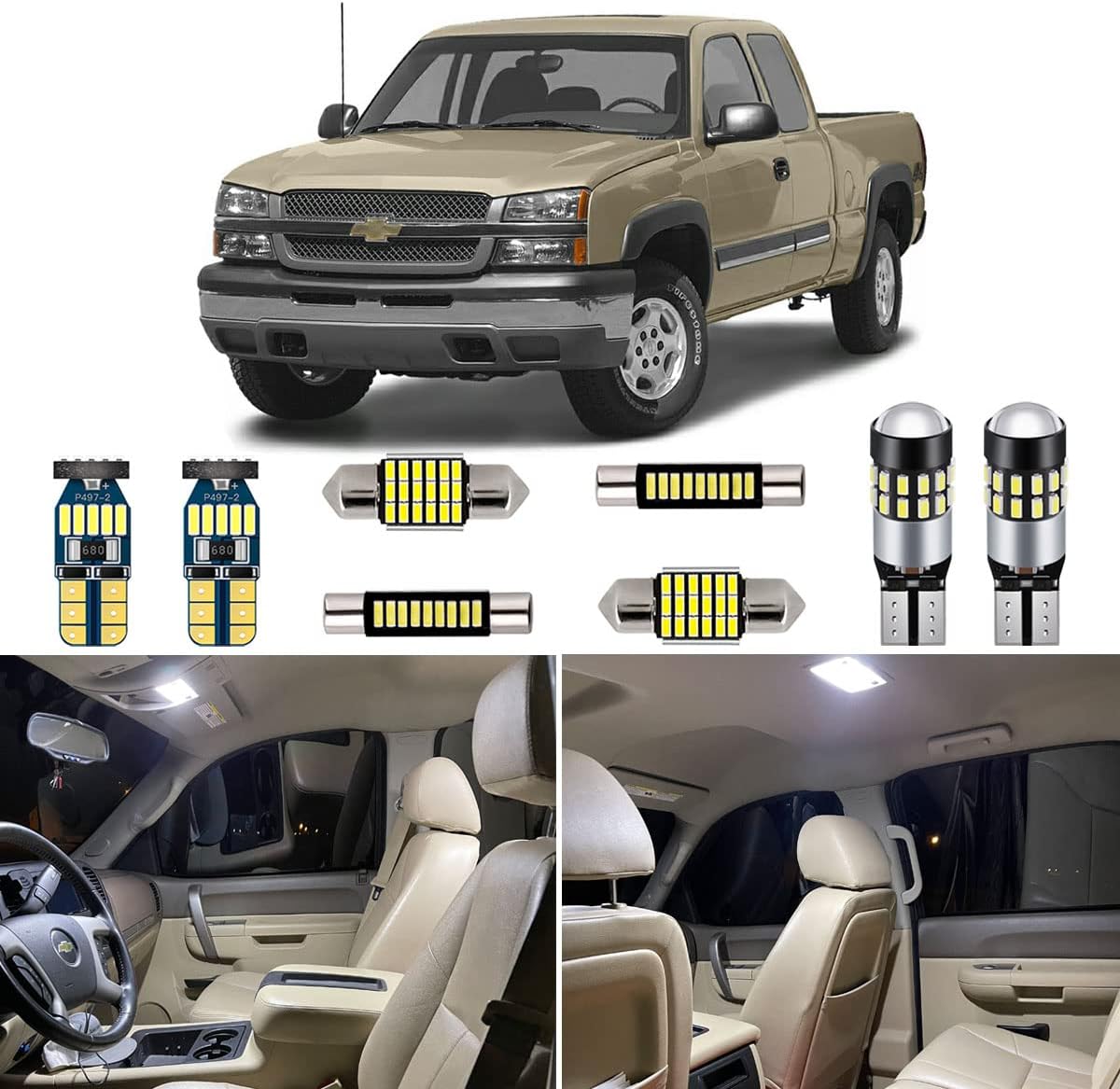 AUTOGINE 12 Piece White Interior LED Lights Kit for Chevrolet Chevy Silverado/GMC Sierra 1999 2000 2001 2002 2003 2004 2005 2006 Super Bright 6000K Interior LED Light Bulbs Package + Install Tool