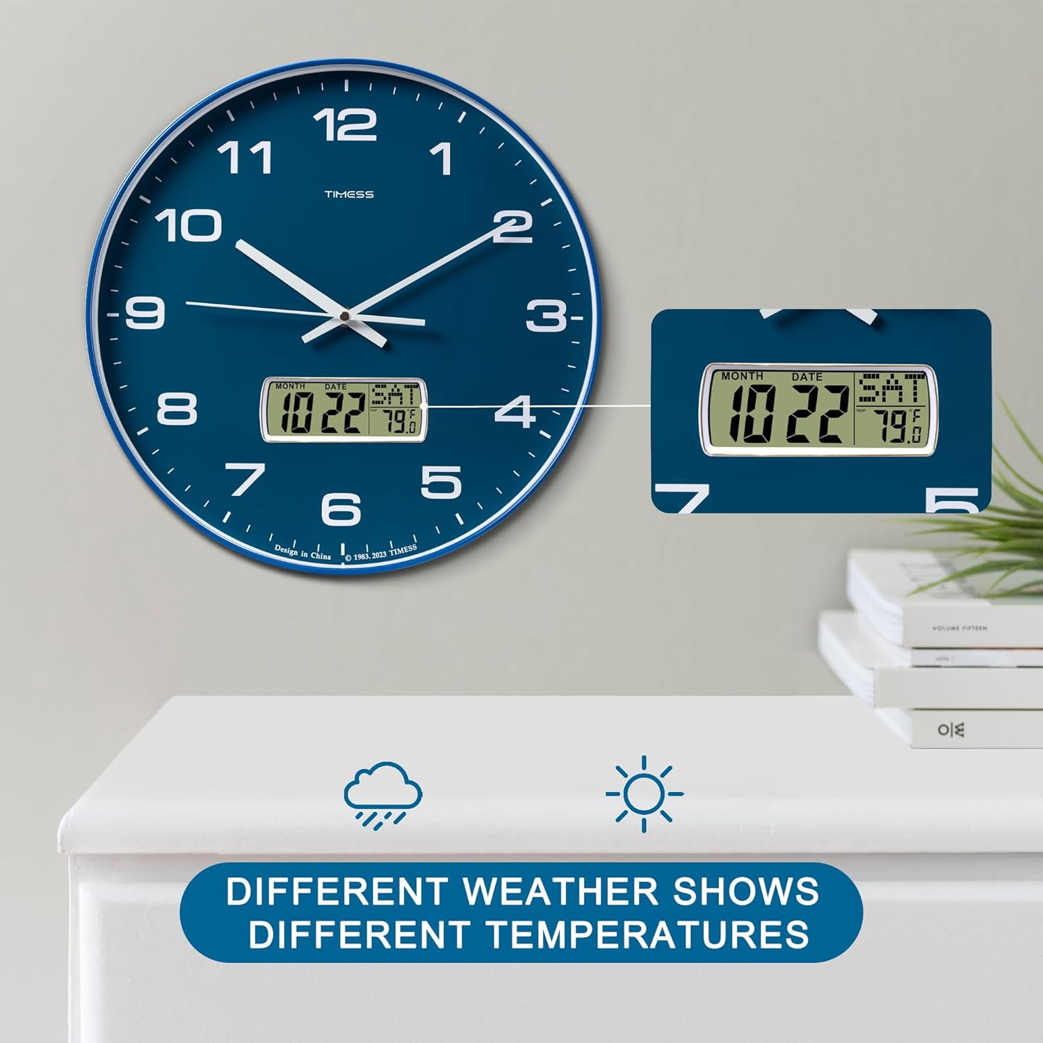 Image showing the clock's LCD display with an enlarged view, indicating it shows different temperatures based on weather.