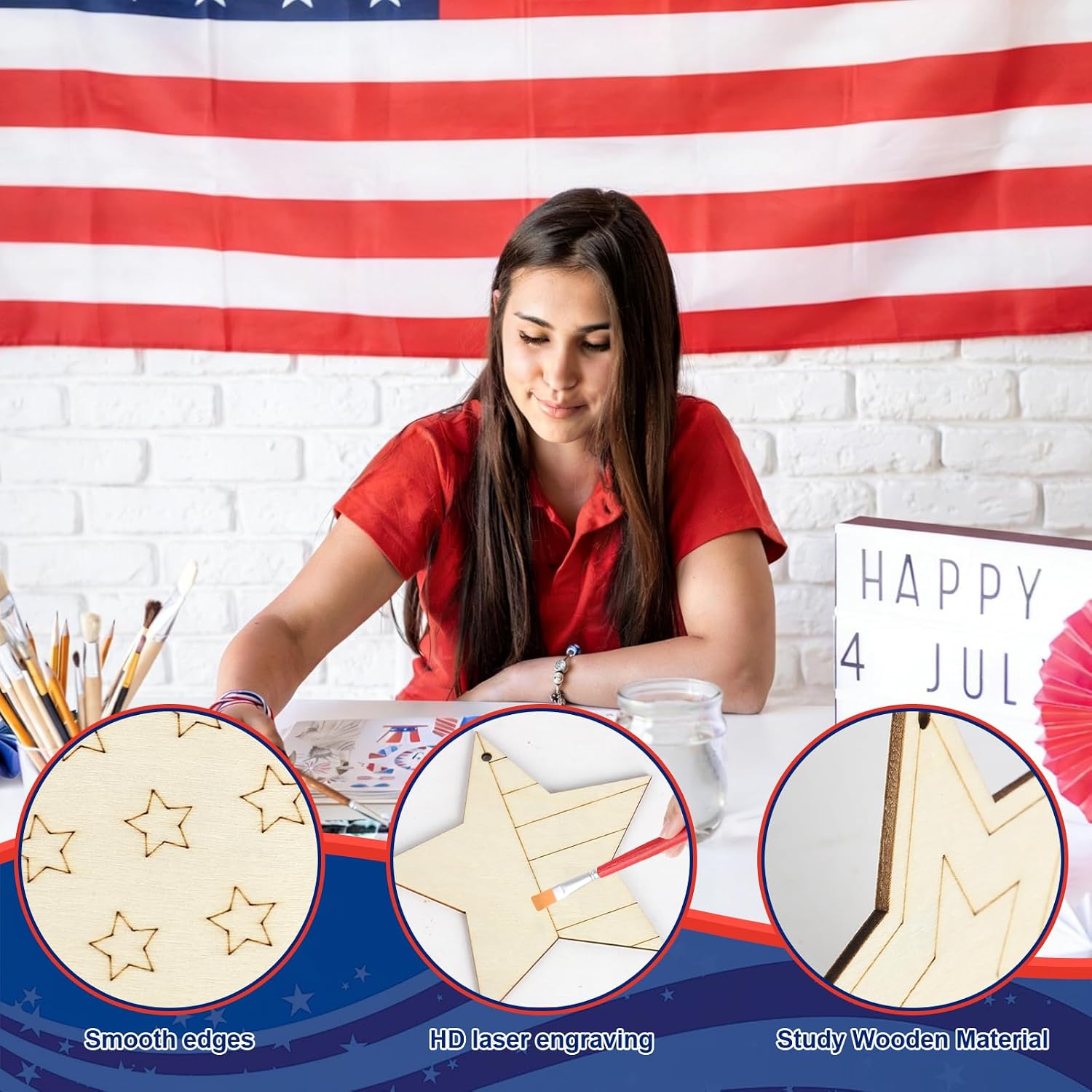 COCHIE 4th of July Stars Wood Crafts to Paint Set of 24, Memorial Day Unfinished Wooden Craft for Painting, DIY Paintable Veterans Labor Day Cutouts Slices for Craft with Ropes (Star)
