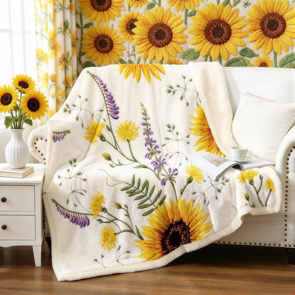 Loussiesd Sunflower Sherpa Blanket - Floral Print Fleece Throw for Women, Yellow Flowers, Breathable Botanical Branches, Plush Room Decor, Air Conditioning, Single 50"x60"