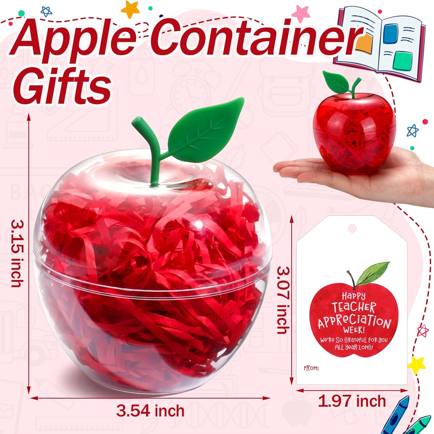 Briwooody 12 Sets Clear Apple Gift Boxes for Teacher Appreciation Week, Plastic Candy Containers Bulk with Tags, Thank You Teacher Gifts for Staff Classroom Party Favors