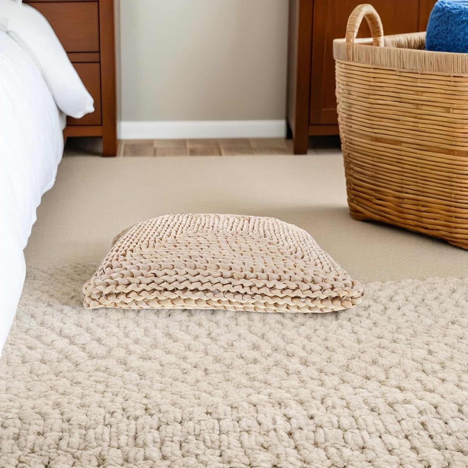 Totority Bohemian Straw Floor Cushion Square Tatami Seat Pillow 30x30cm Thickened 6-8cm Corn Husk Cotton Filling Outdoor Meditation Yoga Cushion