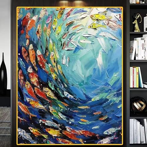 ZHUOYA @Abstract Fish Canvas Print Blue Ocean World Multicolored Tropical Fish Poster Modern Marine Fish School Canvas Pai(65X130CM/Frameless)
