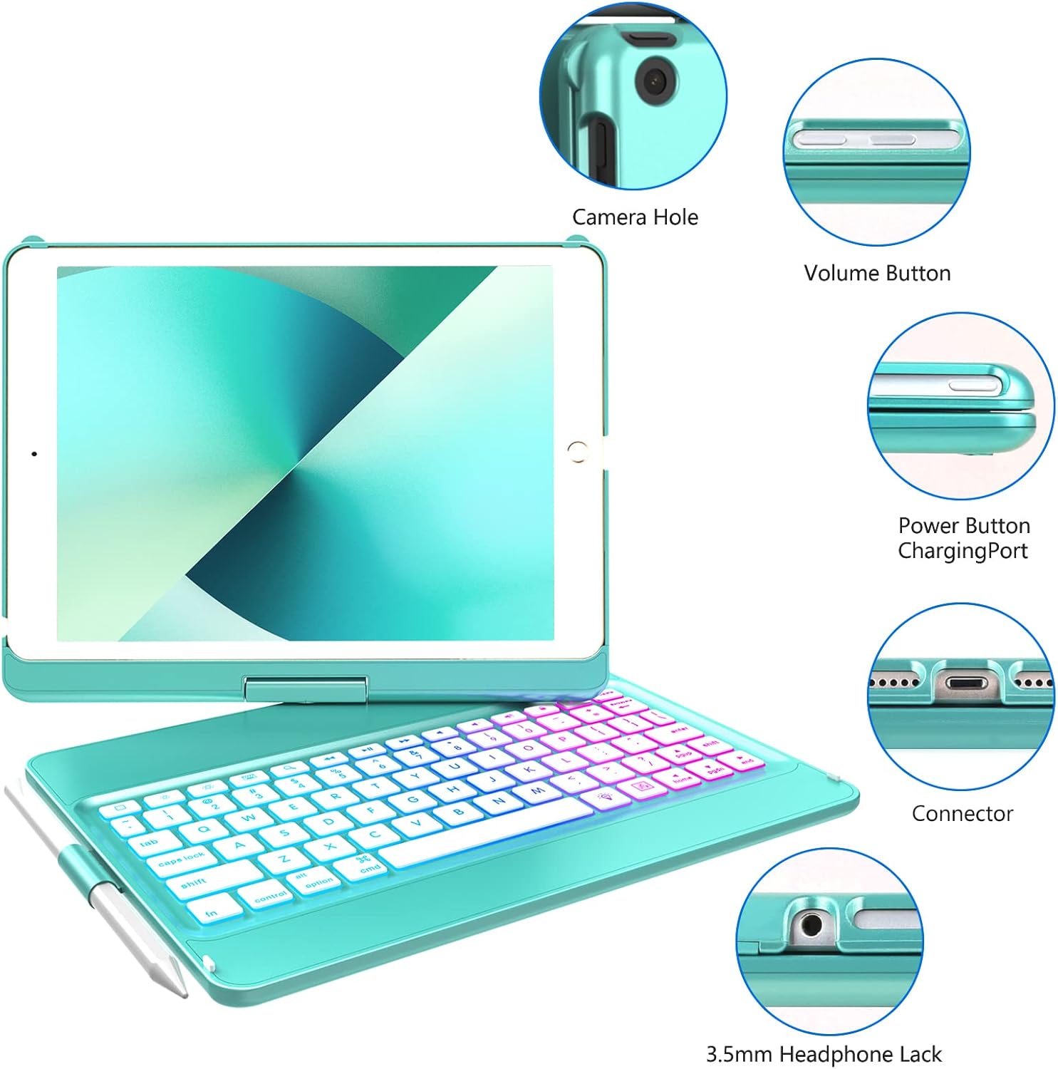 MMK Keyboard Case for iPad 10.2 inch 9th Gen 2021,iPad 8th Generation 2020,iPad 7th Generation 2019,7 Color Backlit 360 Rotatable Wireless Detachable Bluetooth Keyboard Cover Tablet Case - Image 5