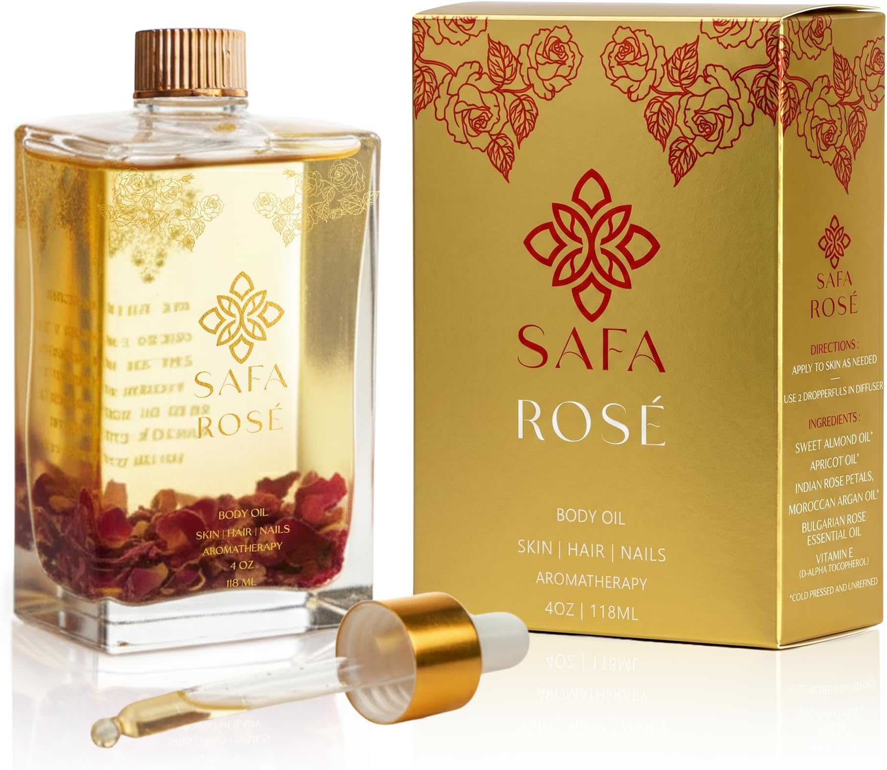 SAFA Rosé Body Oil | Luxury Bulgarian Rose Oil with Real Rose Petals | Fast Absorbing After Shower Hydrating Oil | Moroccan Argan Sweet Almond & Vitamin E | Silky Moisturizer Face & Skin | 4 fl oz