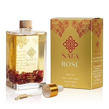 SAFA Rose Body Oil | Luxury Bulgarian Rose Oil with Real Rose Petals | Fast Absorbing After Shower Hydrating Oil | Moroccan Argan Sweet Almond & Vitamin E | Silky Moisturizer Face & Skin | 4 fl oz