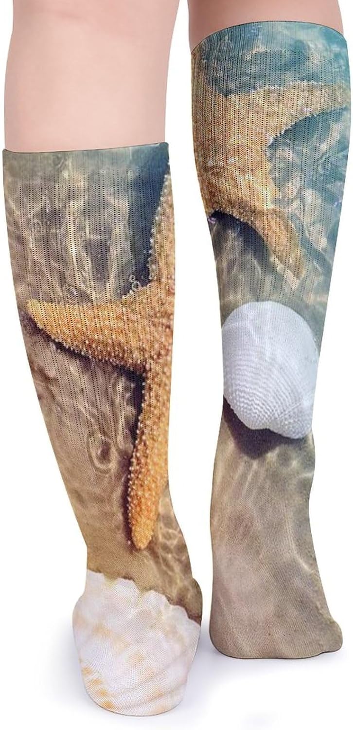 Breathable Crew Sock, Moisture Wicking, Athletic Calf Socks, Cozy | Seashell Starfish on Beach Compression Socks for Women Men, Lightweight High Work Socks for Business, Casual