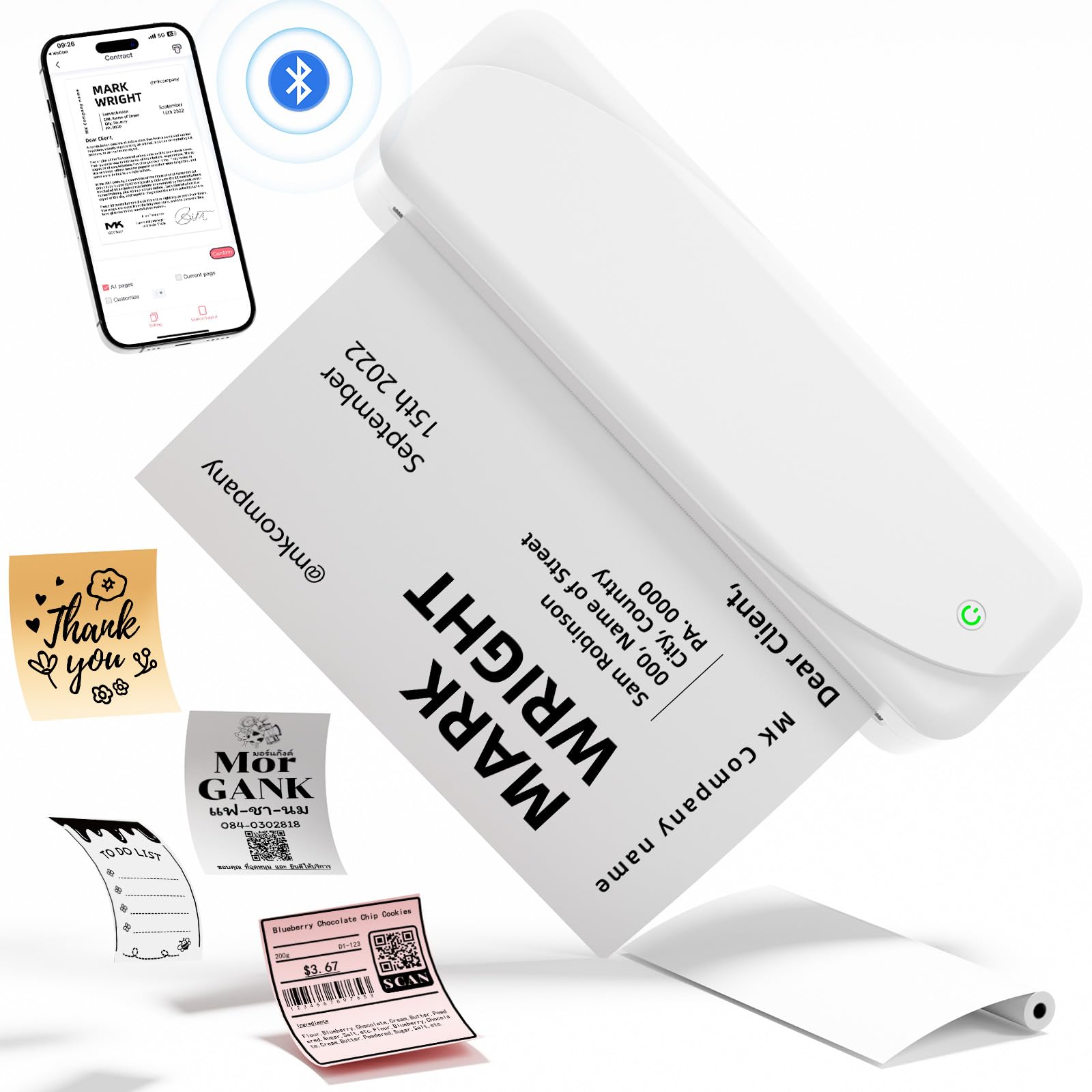 Memoking M833 Przenośna Drukarka Termiczna Bluetooth A4 & Letter, Bez Tuszu i Bezprzewodowa, Kompatybilna z Telefonem i Laptopem, Dom/Biuro/Podróże (1 Rolka Papieru Termicznego)