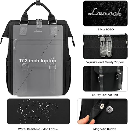 Miniatura 2 de LOVEVOOK Mochila para computadora portátil para mujer, mochila para profesores, enfermeras, trabajo, viajes, mochila para computadora, Negro-negro,