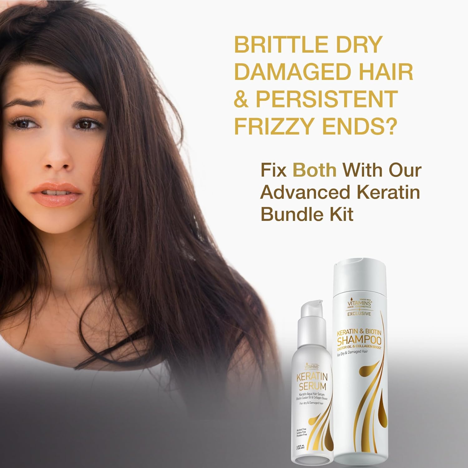 VITAMINS hair cosmetics Keratin Serum & Shampoo Kit, Weightless Heat Protectant Anti Frizz Serum & Protein Clarifying Shampoo Set for Color Treated Frizzy Dry Damaged Hair & Scalp, Shine & Gloss Boost