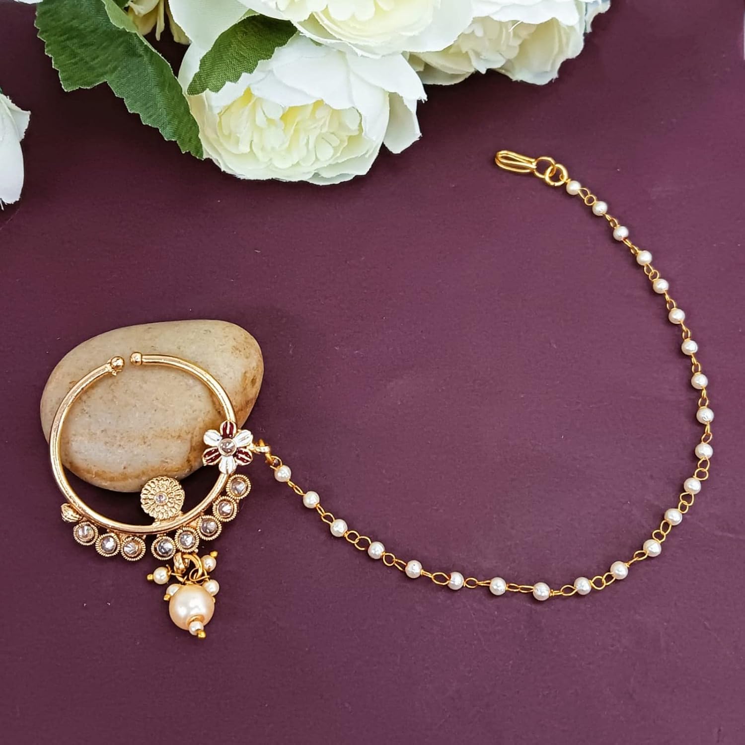 Efulgenz Indian Bollywood Crystal Kundan Bridal Nath Nose Ring With Chain