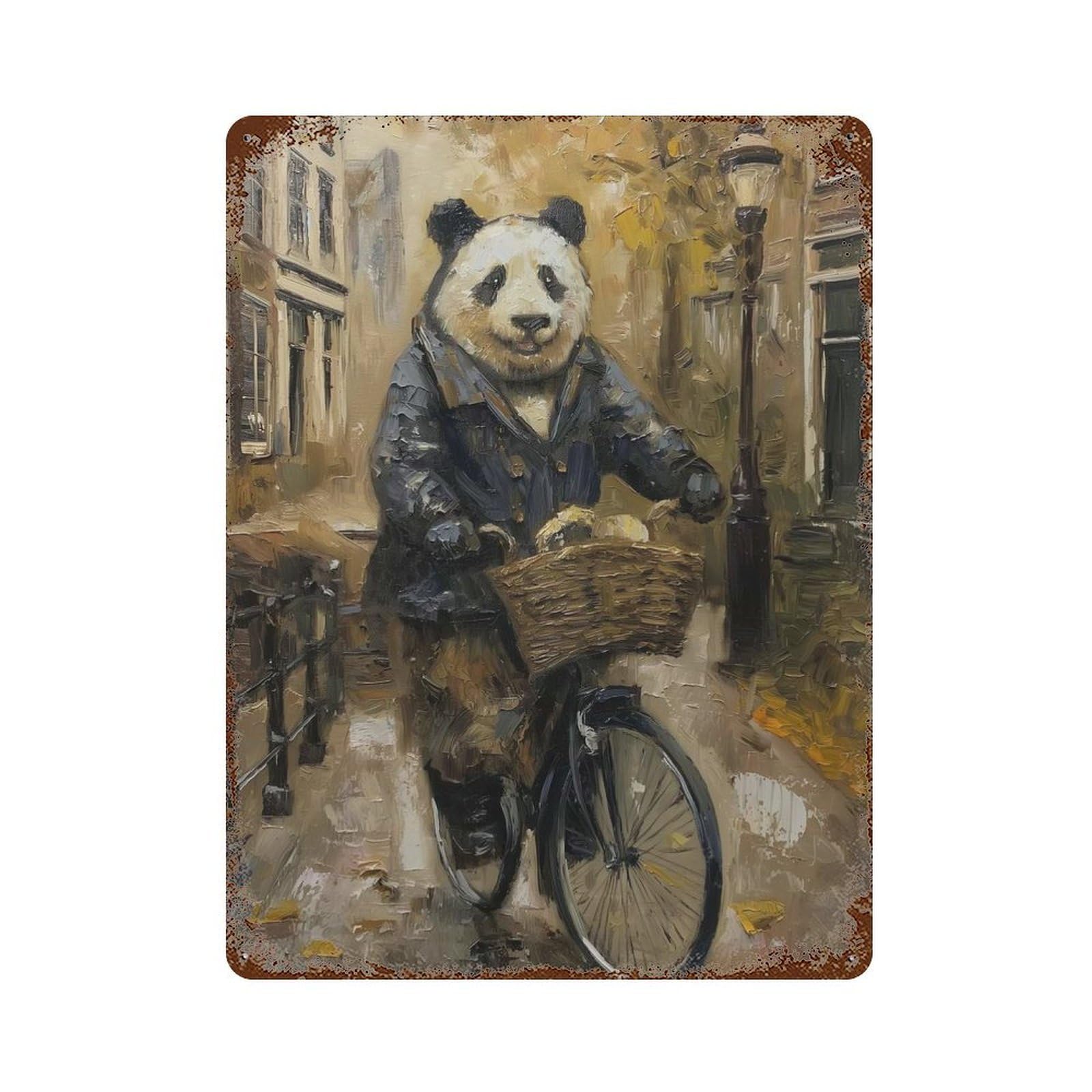 Panda Amsterdam Bicycle Weathered Tin Sign 15.7"x11.8", Rustic Home Decor for Garage, Bar And Workshop Decor
