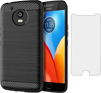 Asuwish Compatible with Moto E4 Plus Case and Tempered Glass Screen Protector Cover Accessories Silicone Phone Cases for MotoE4Plus Motorola E4+ 4E + E4Plus US Version 4th Women Men Carbon Fiber Black