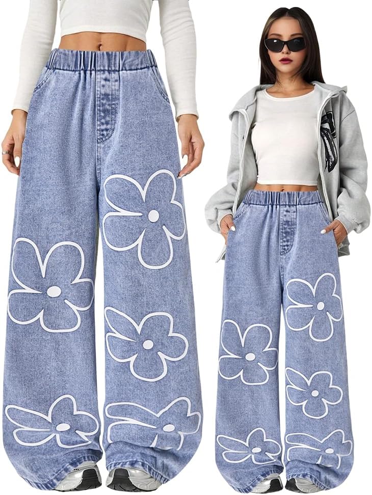 Nivne Tco Tween Girls Jeans Fashion Casual Cute Floral Pattern Elastic Waistband Versatile Wide Leg Jeans with Slant Pockets