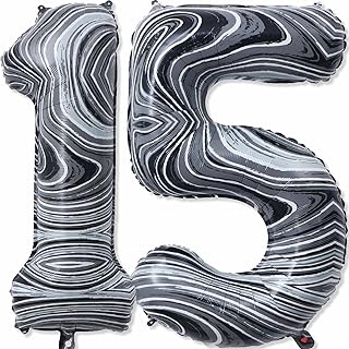 15 Balloon Number, 40 Inch Black Marble Foil Balloons Giant Jumbo Helium Number 15 or 51 Balloons for 15th 51th Birthday Decorations Anniversary Events Boys Girls Party Decorations(Black Marble Agate)
