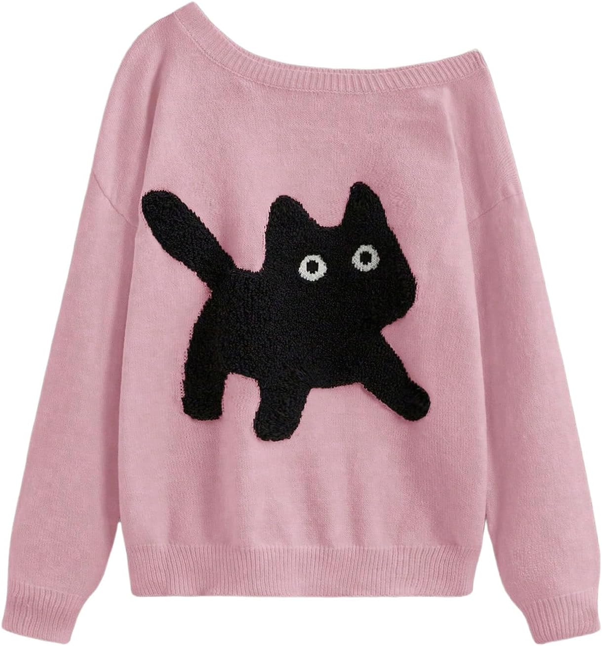 GORGLITTER Women's Off The Shoulder Sweater Cat Print Graphic Long Sleeve Fall Trendy 2025 Pullover Top