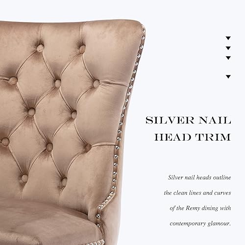 Miniatura 7 de Juego de 4 sillas de comedor de terciopelo, sillas de comedor tapizadas con ribete de cabeza de clavo y patas de madera maciza para cocina, color