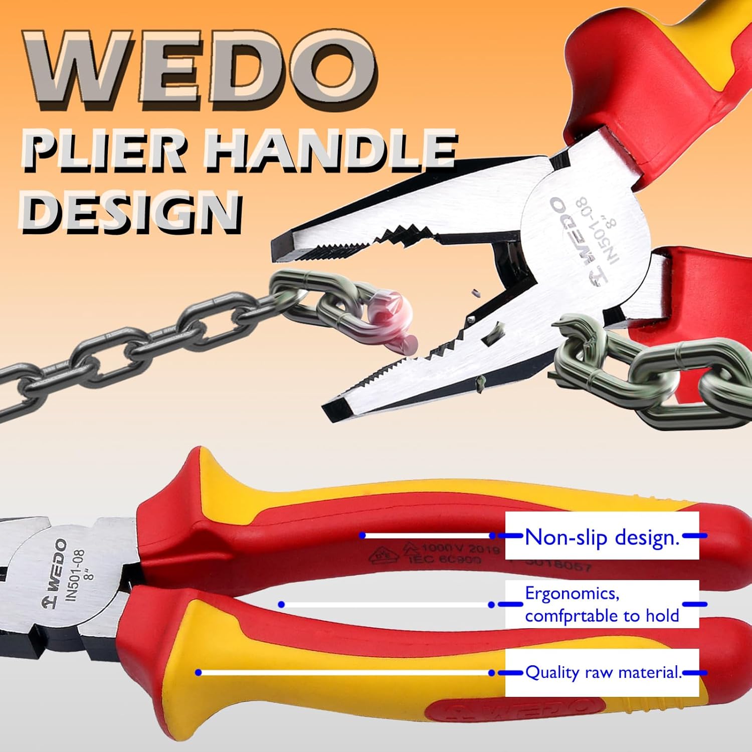 WEDO Insulated Linesman Pliers 7", VDE 1000V Combination Injection Pliers with Chrome Vanadium Steel Body and Dual Material Anti-Slip Handles, Jaw Hardness HRC58-63