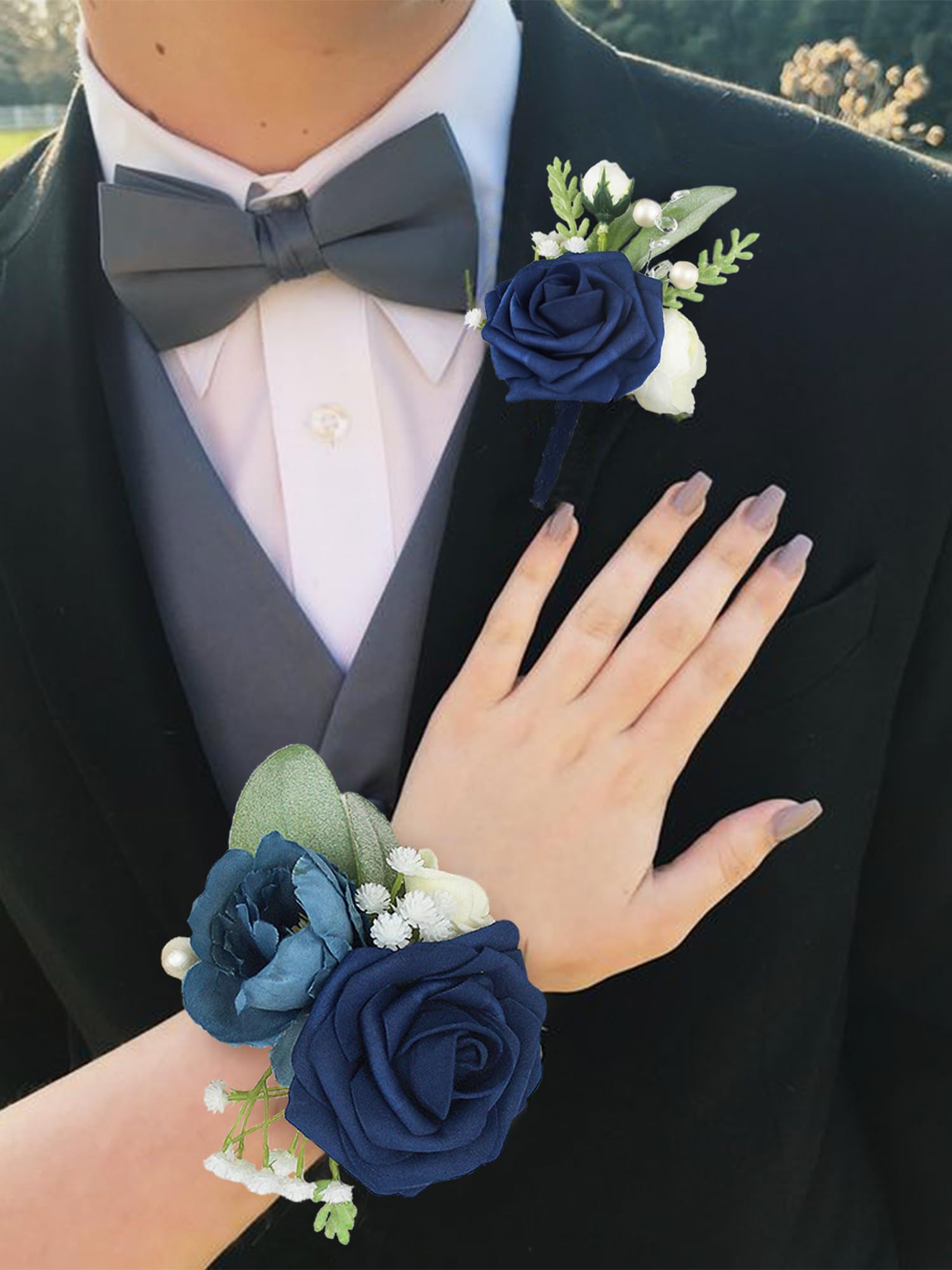 Rinlong Gorset i Boutonniere Zestaw Granatowa Róża Gorset Bransoletka Pan Młody Kwiat Boutonniere dla Mężczyzn Ślub Homecoming Gorset na bal
