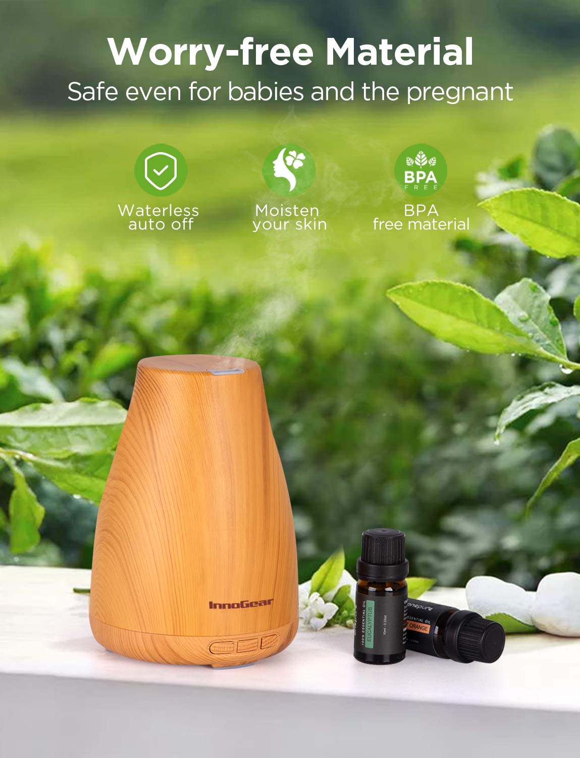 InnoGear Oil Diffuser, Super Quiet Essential Oil Diffuser Aromatherapy Diffuser Ultrasonic Humidifier with Sleep Mode, Waterless Auto-Off 8 Colors Light for Home Office Bedroom Room Baby, Yellow