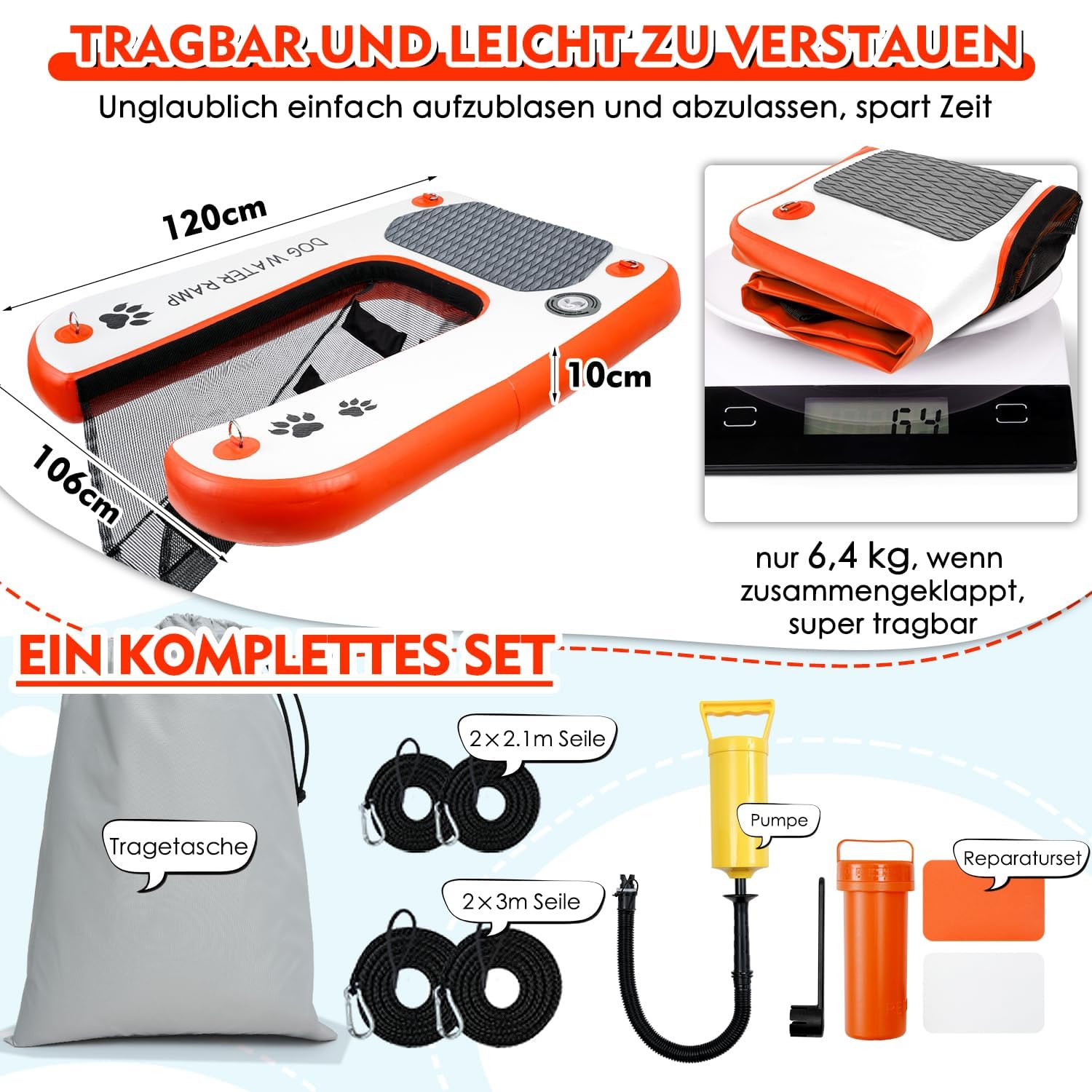 Hundewasserrampe Extra Breite Wasserrampe Pool Leiter, Float Welpen Planke für Pool, Dock & Boot, Haustier Rampe mit Rutschfesten Upgraded Steps, Wasserrampe Leiter für 68kg Hunde Klettern