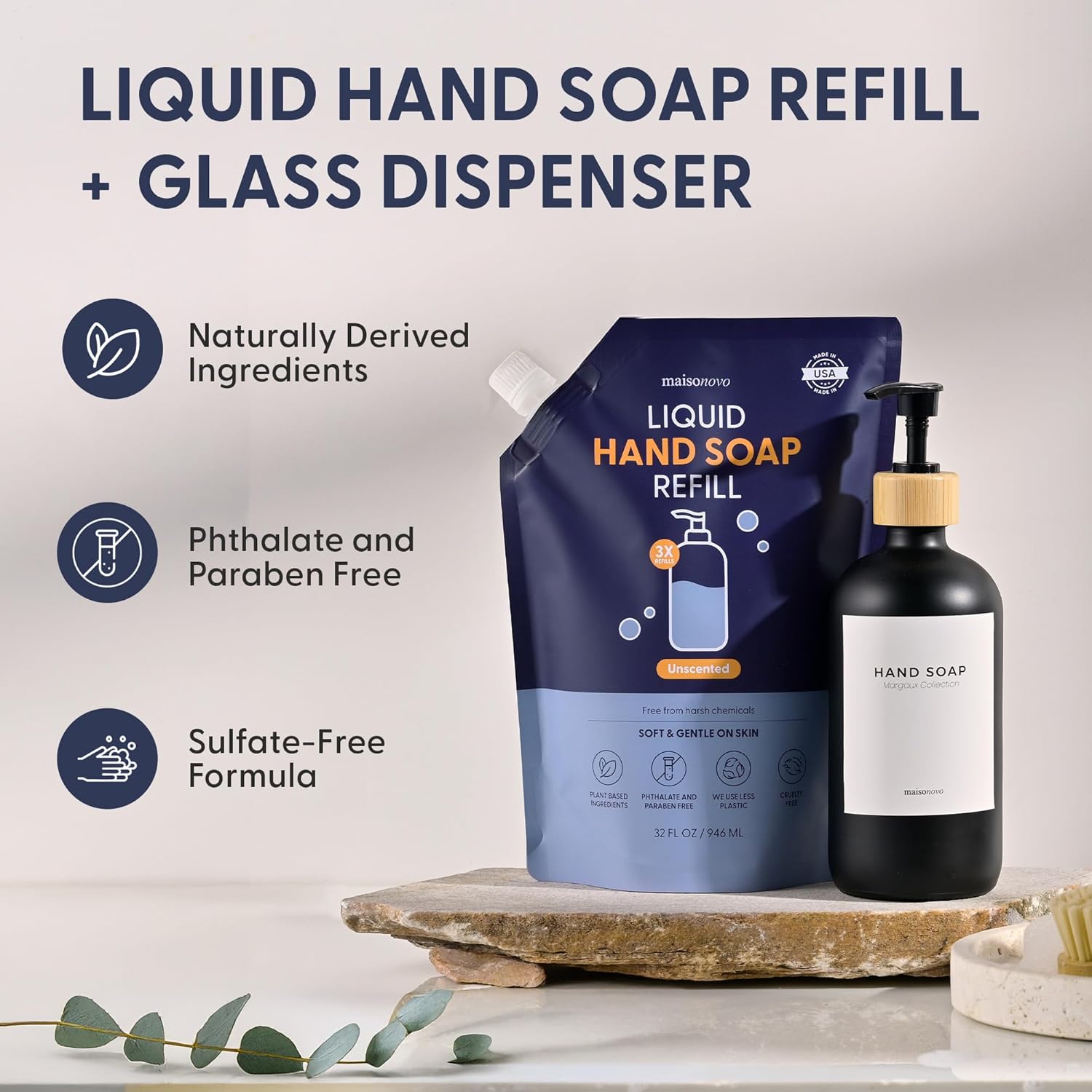 MaisoNovo Hand Soap Refills | Natural Hand Soap Refill Made in USA | Gentle Non Toxic Refill Good for All Skin Types | UnscentedRefill Pouch 32 oz