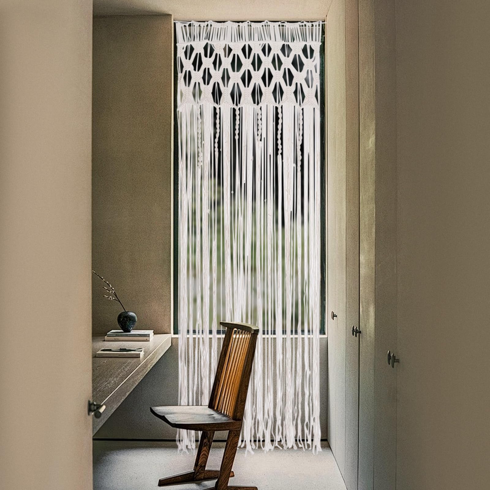 Rideau en macramé, 203 x 74 cm, rideau de porte bohème, rideau de fenêtre pour rideau décoratif et séparateur de pièce (beige)