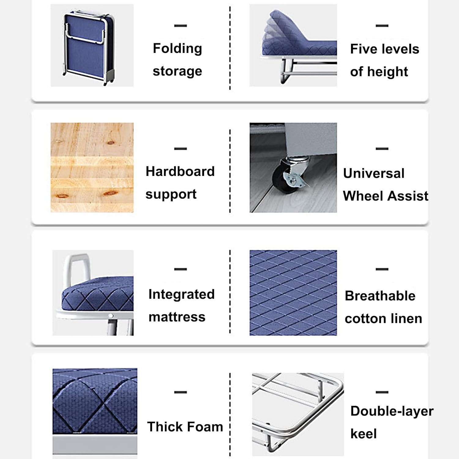 Adjustable Folding Bed with Mattress for Adults - 5 Position Backrest, Removable Washable Linen, 4 Universal 360° Wheels, Ideal for Home, Office, Hospitals (Gray, 188x75x28cm)