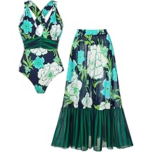 Womens V-Neck Swimsuit and Skirt with a Floral Print and Crisscross Back Bathing Suits and Skirt Set