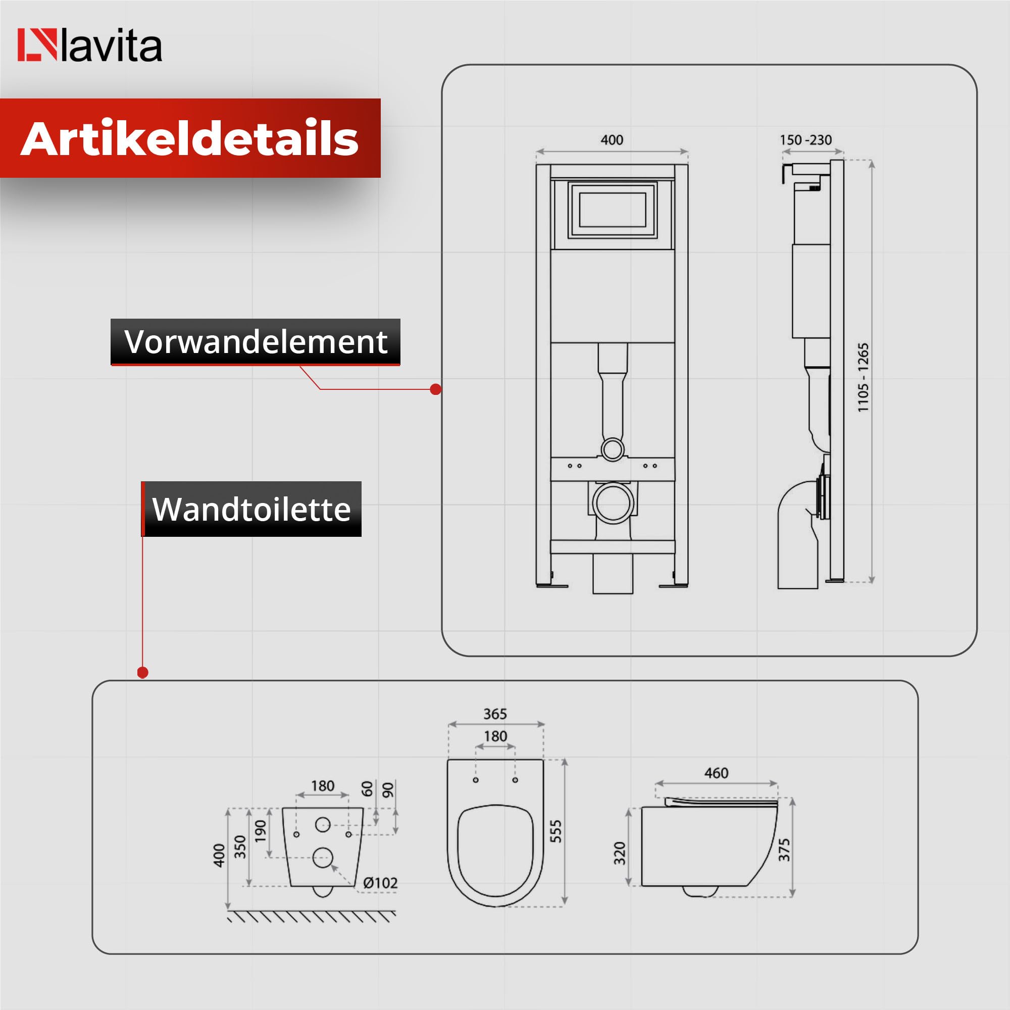 lavita Lavita LAV 101 elemento de pared para inodoro 40 cm + inodoro suspendido suspendido SINTO GRANDE blanco sin borde + panel de control LAV 200.3.4 negro | Conjunto completo | Cisterna empotrada