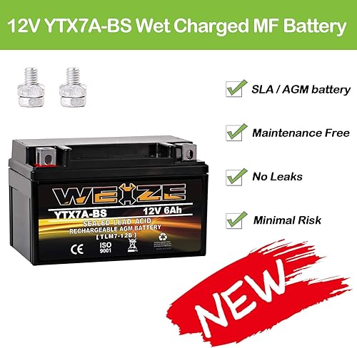 Miniatura 6 de Weize YTX7A-BS - Batería de motocicleta AGM sellada de alto rendimiento, sin mantenimiento, compatible con gas Gy6, ciclomotor de 50 CC 125 CC