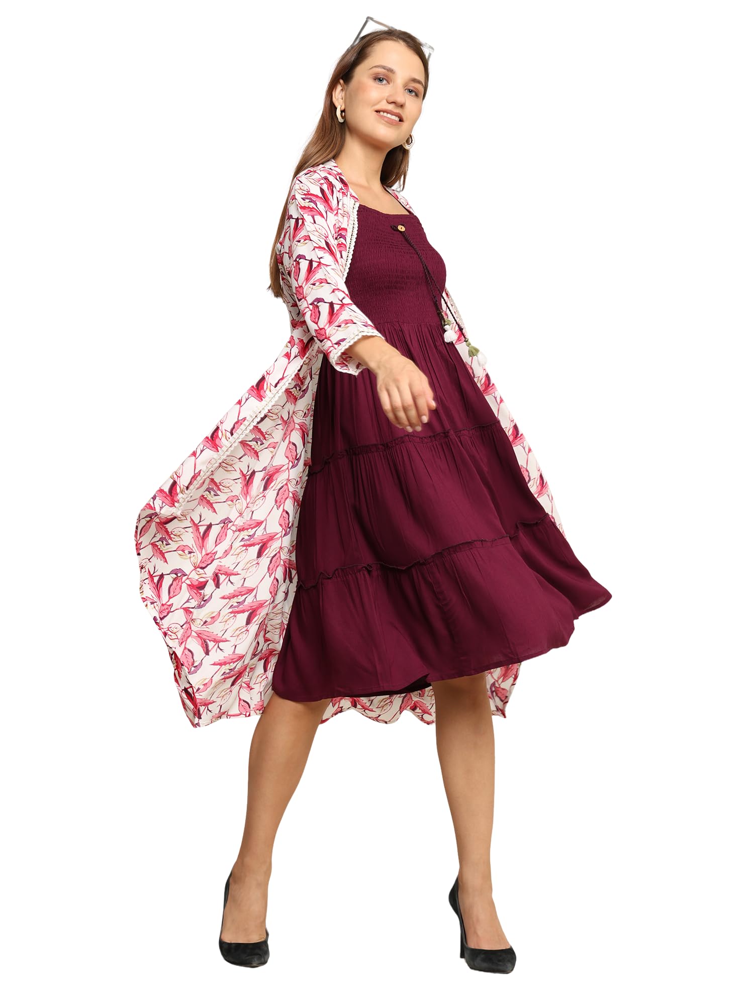 Elegant Discharge Print Cotton Shrug with Rayon Sleeveless Midi Dress-image-38