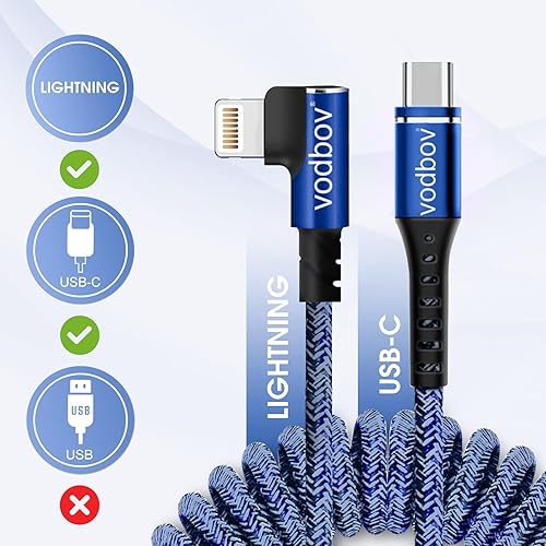 Miniatura 3 de VODBOV Cable USB C a Lightning en espiral de 8 pies en ángulo recto con certificación Apple MFI PD cargador compatible con iPhone 1414 ProPro Max,