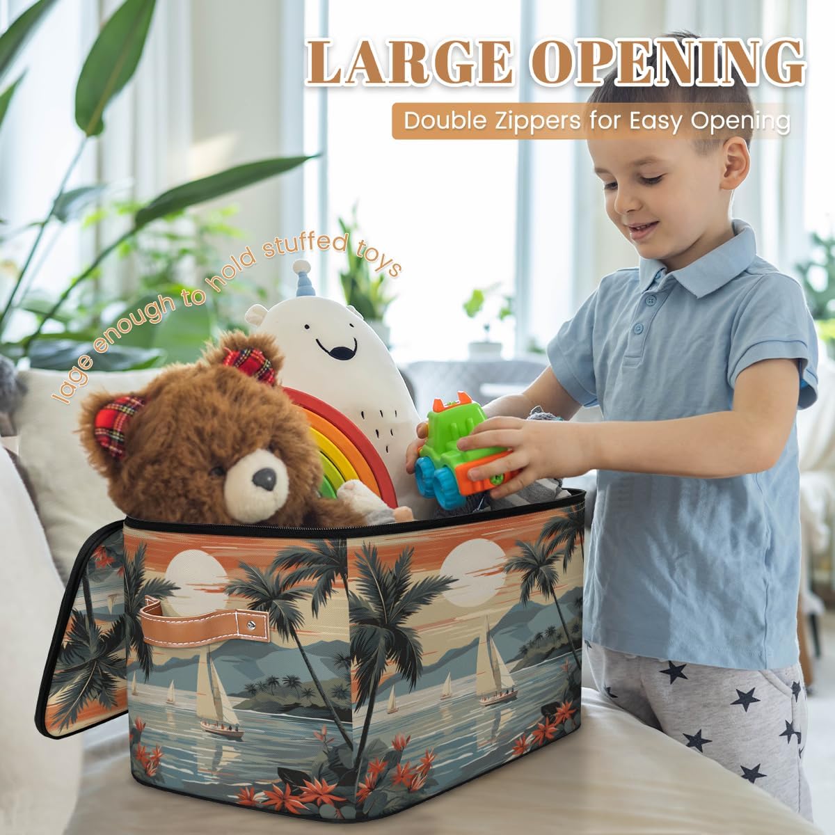 Storage Bin Set of 2 Summer Sea Sailboats Storage Basket with Zipper Lid & Handle Foldable Closet Shelf 2 Pack Cloth Organizer Basket Cube Bins Clothes Organizer for Bedroom, Nursery